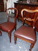 A SET OF FIVE VICTORIAN ROSEWOOD DINING CHAIRS AND THREE SIMILAR MAHOGANY CHAIRS.