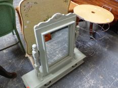 A DRESSING TABLE MIRROR, A FOLDING TABLE AND A CHROME LINEN BASKET.