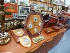 A QTY OF TREEN BOXES, MILITARY PLAQUES,ETC.