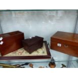 A VICTORIAN WRITING BOX, A TEA CADDY, A TRAY AND A PHOTOGRAPHIC SLIDE CARRIER.