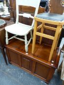 AN OAK BLANKET BOX, A STOOL AND A SIDE CHAIR.