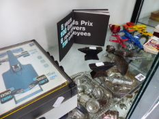 A PLATED CAR MASCOT, MOTOR RACING TYRE WARMER DISTRIBUTION BOX, GRAND PRIX BOOK,ETC.