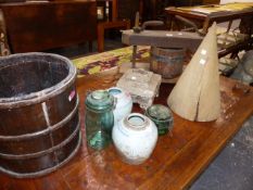 A VINTAGE FRUIT PRESS, A COOPERED BUCKET,ETC.