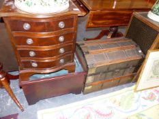 A MAHOGANY BEDSIDE CHEST, DOME TOP TRUNK, A LEATHER BOUND CHEST AND A LIFT TOP BOX.