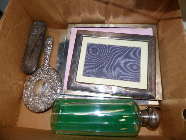 THREE SILVER PHOTO FRAMES, SILVER MOUNTED BOTTLE,ETC.