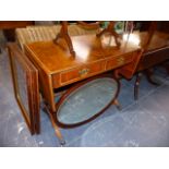 A REPRODUCTION SOFA TABLE AND A BOOKCASE WITH A CABINET BASE.