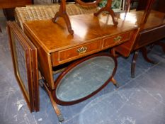 A REPRODUCTION SOFA TABLE AND A BOOKCASE WITH A CABINET BASE.