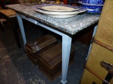 A ZINC TOP PINE TABLE.