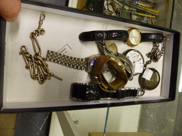 TWO SILVER CASED POCKET WATCHES, VARIOUS WRISTWATCHES AND TWO SILVER WATCH CHAINS.