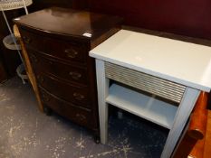 A PAINTED BEDISDE TABLE AND A SMALL FOUR DRAWER CHEST.