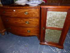 A 19th.C.BOW FRONT THREE DRAWER CHEST AND A SMALL SIDE CABINET.