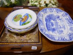 A BUTTERFLY WING TRAY, BLUE AND WHITE PLATTER,ETC.