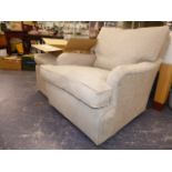 A PAIR OF AS NEW DEEP SEAT ARMCHAIRS WITH MATCHING STOOLS.