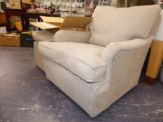 A PAIR OF AS NEW DEEP SEAT ARMCHAIRS WITH MATCHING STOOLS.