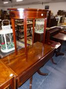 AN ANTIQUE AND LATER MAHOGANY DROP LEAF TABLE AND AN INLAID OCCASIONAL TABLE.
