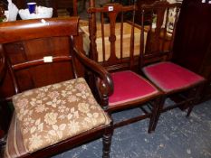 A GEORGIAN MAHOGANY ARMCHAIR AND TWO EDWARDIAN SIDE CHAIRS.