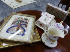 A LUSTRE POTTERY SUGAR BOWL, TWO PAPYRUS PICTURES,ETC.