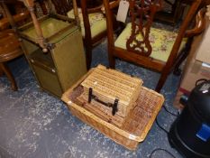 TWO PICNIC HAMPERS AND A BASKET TOGETHER WITH A BEDSIDE CABINET AND A STOOL..