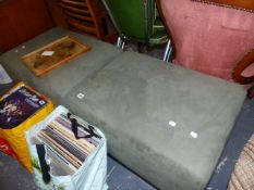 A PAIR OF SUEDE UPHOLSTERED STOOLS.