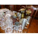 A QTY OF GLASS TO INCLUDE DECANTERS, VARIOUS BRASSWARES,ETC.