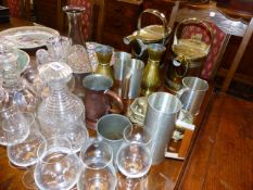 A QTY OF GLASS TO INCLUDE DECANTERS, VARIOUS BRASSWARES,ETC.