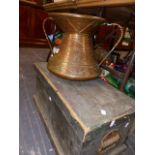 A LARGE EASTERN COPPER SPITTOON AND A PINE BOX.