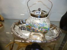 A CONTINENTAL WHITE METAL TRAY, A LETTER OPENER AND A BISCUIT BARREL.