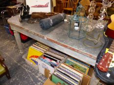 A ZINC TOP PINE TABLE.