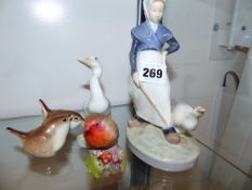 A ROYAL COPENHAGEN FIGURINE, A WORCESTER ROBIN AND A LLADRO GOOSE.