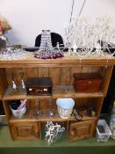 VARIOUS CHANDELIERS, PAIR OF CANDLESTICKS, GLASS AND CHINA,ETC.