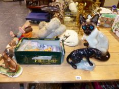 A BESWICK BLACK PANTHER, OTHER CAT FIGURINES,ETC.