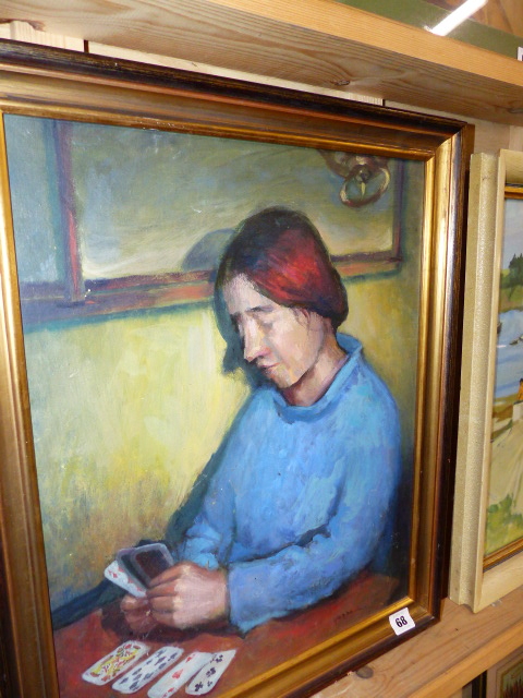 AN OIL PAINTING SIGNED INDISTINCTLY, THE PATIENCE PLAYER.