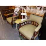 A PAIR OF EDWARDIAN TUB CHAIRS, A CAKESTAND, A FOLDING TABLE AND A CAPTAIN'S CHAIR.
