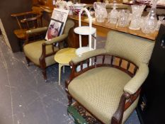 A PAIR OF EDWARDIAN TUB CHAIRS, A CAKESTAND, A FOLDING TABLE AND A CAPTAIN'S CHAIR.