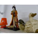 A RETRO LAMP, ORIENTAL FIGURE AND TWO DUCKS.
