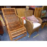 TWO RATTAN CHAIRS AND A CANE ROCKING CHAIR.