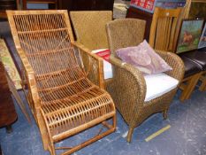 TWO RATTAN CHAIRS AND A CANE ROCKING CHAIR.