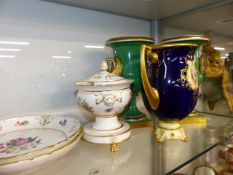 A PAIR OF PORCELAIN URNS WITH SWAN HANDLES, A COALPORT VASE,ETC.