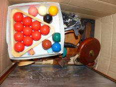 A BOX OF COLLECTABLES, SNOOKER BALLS,ETC.