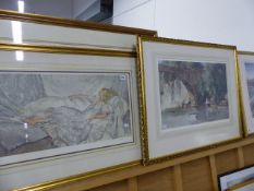A LIMITED EDITION PRINT AFTER RUSSELL FLINT TOGETHER WITH THREE OTHERS BY THE SAME ARTIST AND TWO