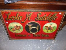 A VINTAGE STYLE PAINTED WOOD ADVERTISMENT LESLIE SUTCLIFFE.