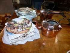 A VICTORIAN COPPER KETTLE AND A QTY OF COLLECTOR'S PLATES.