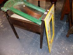 A PIANO STOOL AND TWO MIRRORS.