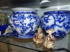 A PAIR OF BLUE AND WHITE JARDINIERES, A PAIR OF JAPANESE NODDING FIGURES, ETC.