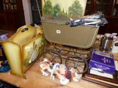 AN ANTIQUE TOY PRAM, FIRE SCREEN, PULL ALONG DOG TOY,ETC.