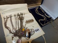 VARIOUS EDWARDIAN AND LATER SILVER PENDANTS AND CHAINS.