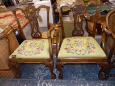 A PAIR OF GEORGIAN STYLE CHIPPENDALE DESIGN CARVED SHOW FRAME ARMCHAIRS.