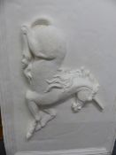 A LARGE RELIEF PLASTER PANEL OF A UNICORN.