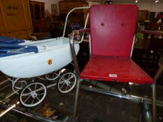 A TRI-ANG TOY PRAM AND A RETRO CHAIR.