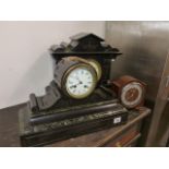 TWO VICTORIAN SLATE AND MARBLE MANTLE CLOCKS AND ONE OTHER.